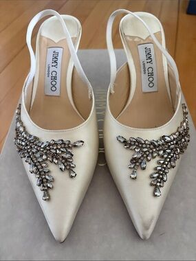 Jimmy Choo Ivory Crystal-Embellished Slingback Mules